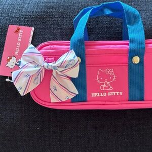 Hello Kitty Hot Pink Tote with Blue Handles and Striped Bow
